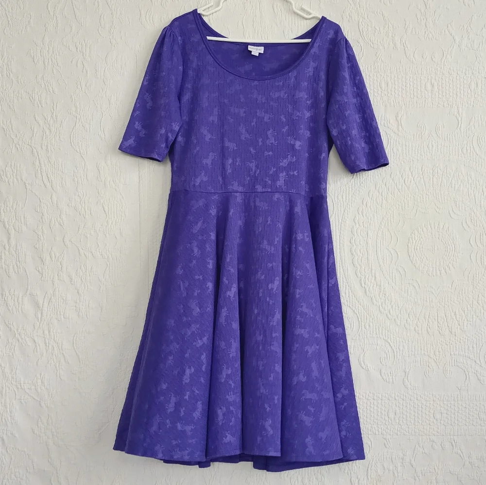 LuLaRoe Purple Unicorn Fit N Flare Midi Dress Stretchy Textured Fantasy Colorful - Picture 13 of 13